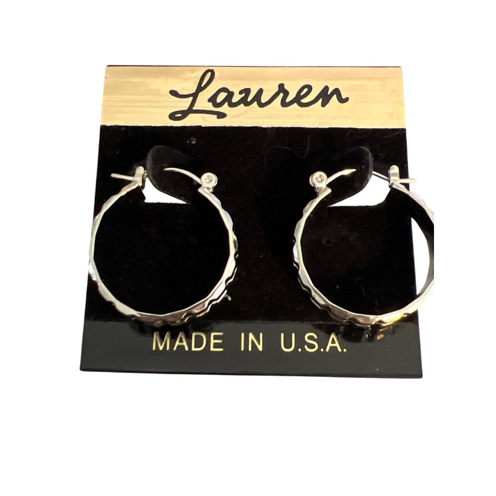 Lauren Silver Tone Hoop Earrings Square Design Made in USA 1" New on Card